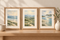 Illustrative styling preview of three small landscape prints in mounted oak frames; digital files only