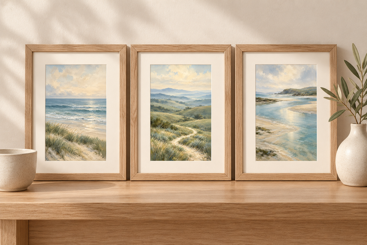 Illustrative styling preview of three small landscape prints in mounted oak frames; digital files only