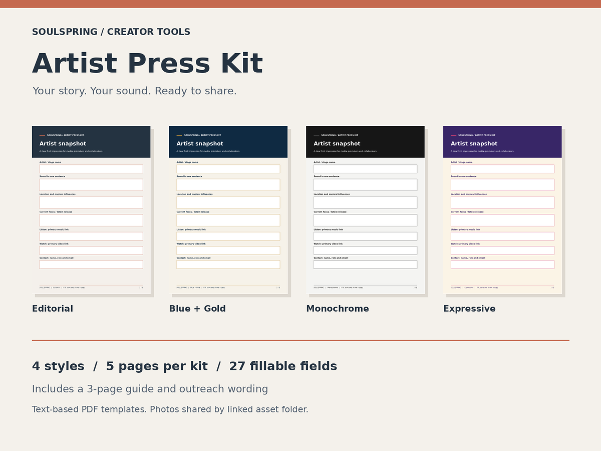 Artist Press Kit in four original PDF styles