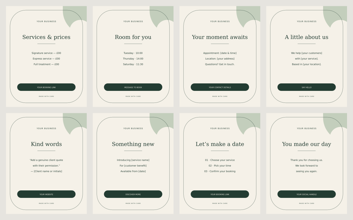 Book & Bloom — eight editable service business layouts