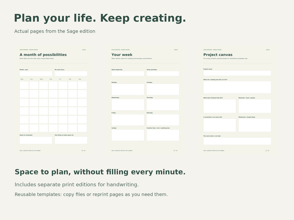 Actual Sage edition monthly, weekly and project planning pages