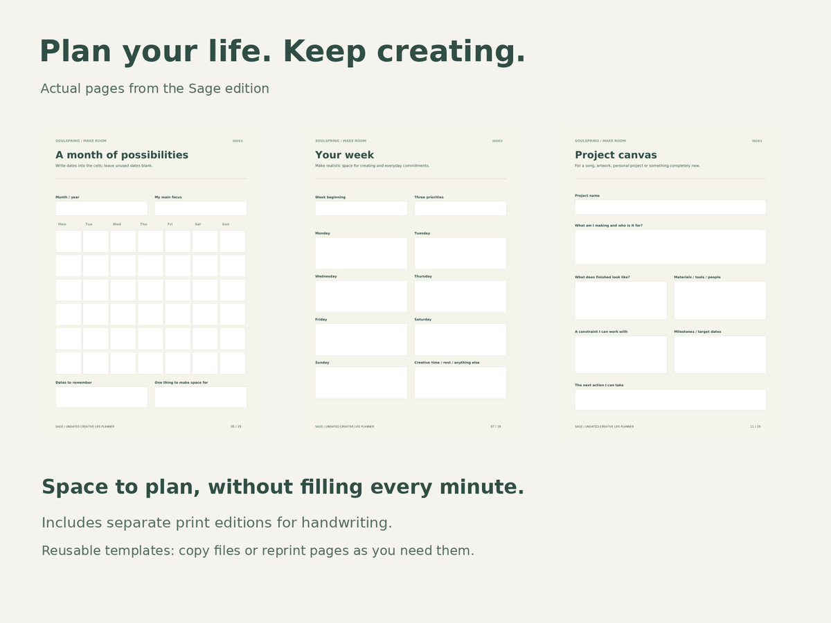 Actual Sage edition monthly, weekly and project planning pages