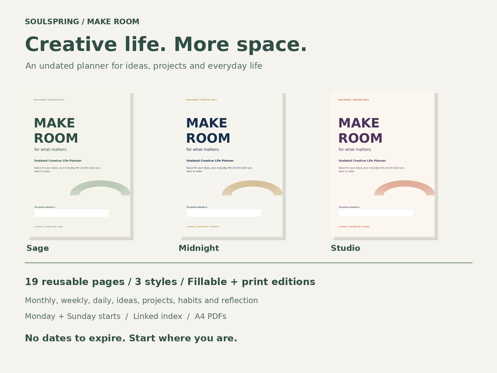Three original Make Room planner styles: Sage, Midnight and Studio