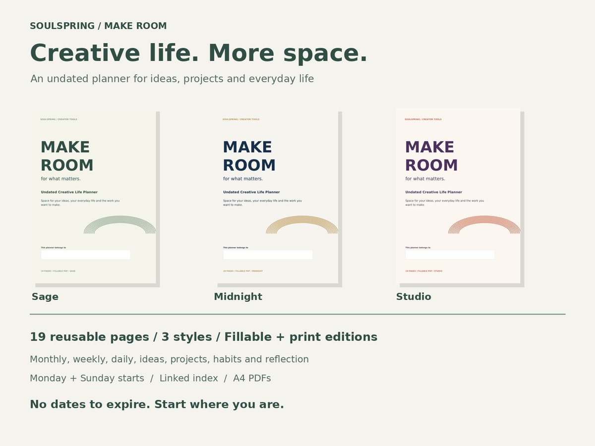 Three original Make Room planner styles: Sage, Midnight and Studio