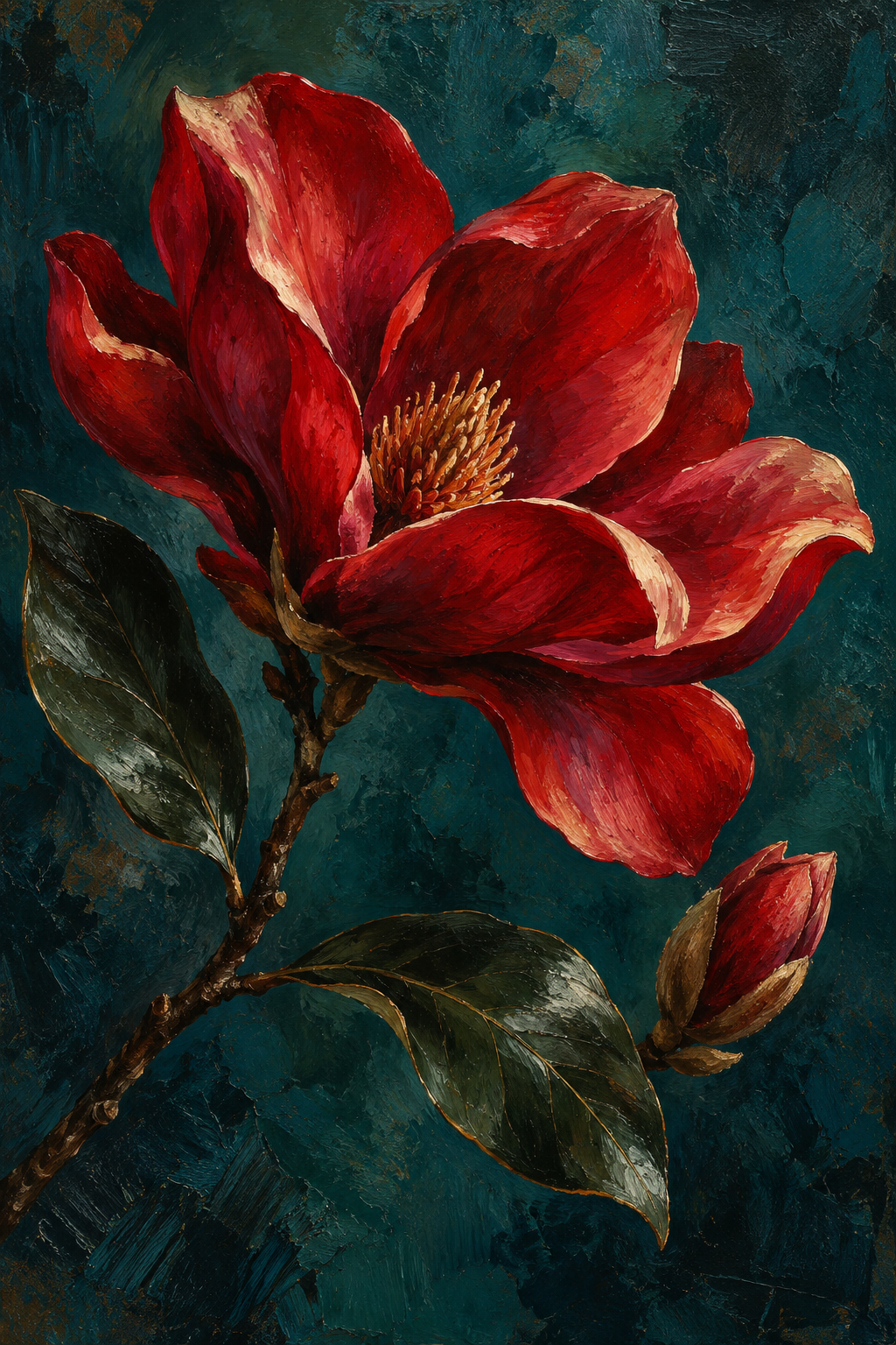 Crimson magnolia with curling petals and dark leaves against a textured deep teal background