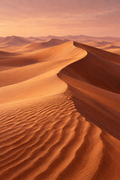 Warm terracotta desert dunes with a sweeping curved ridge and rippled sand beneath a rose sky