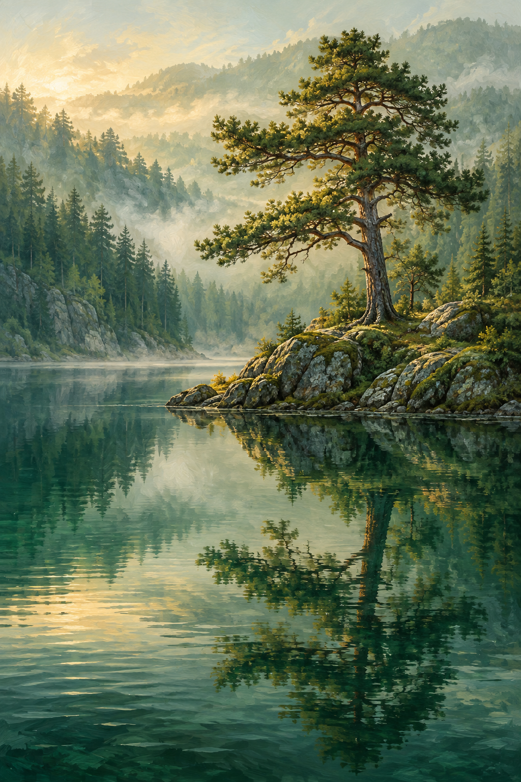 Pine tree on a mossy rocky peninsula reflected in an emerald lake beneath misty forest hills