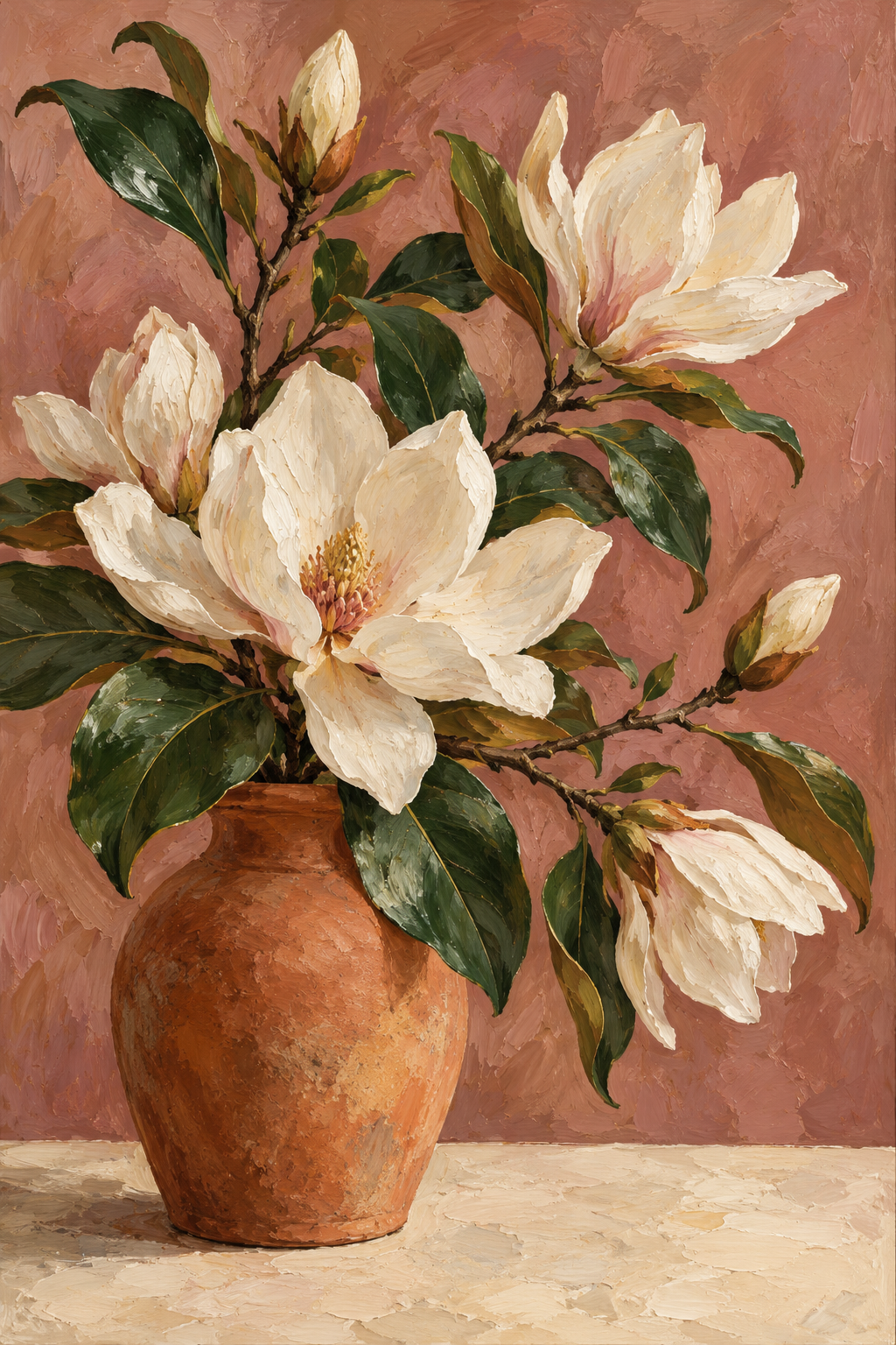 Magnolia in Bloom: cream blossoms in a terracotta vase