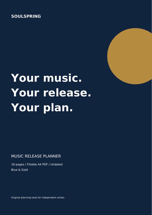 Actual blue and gold cover of the fillable music release planner