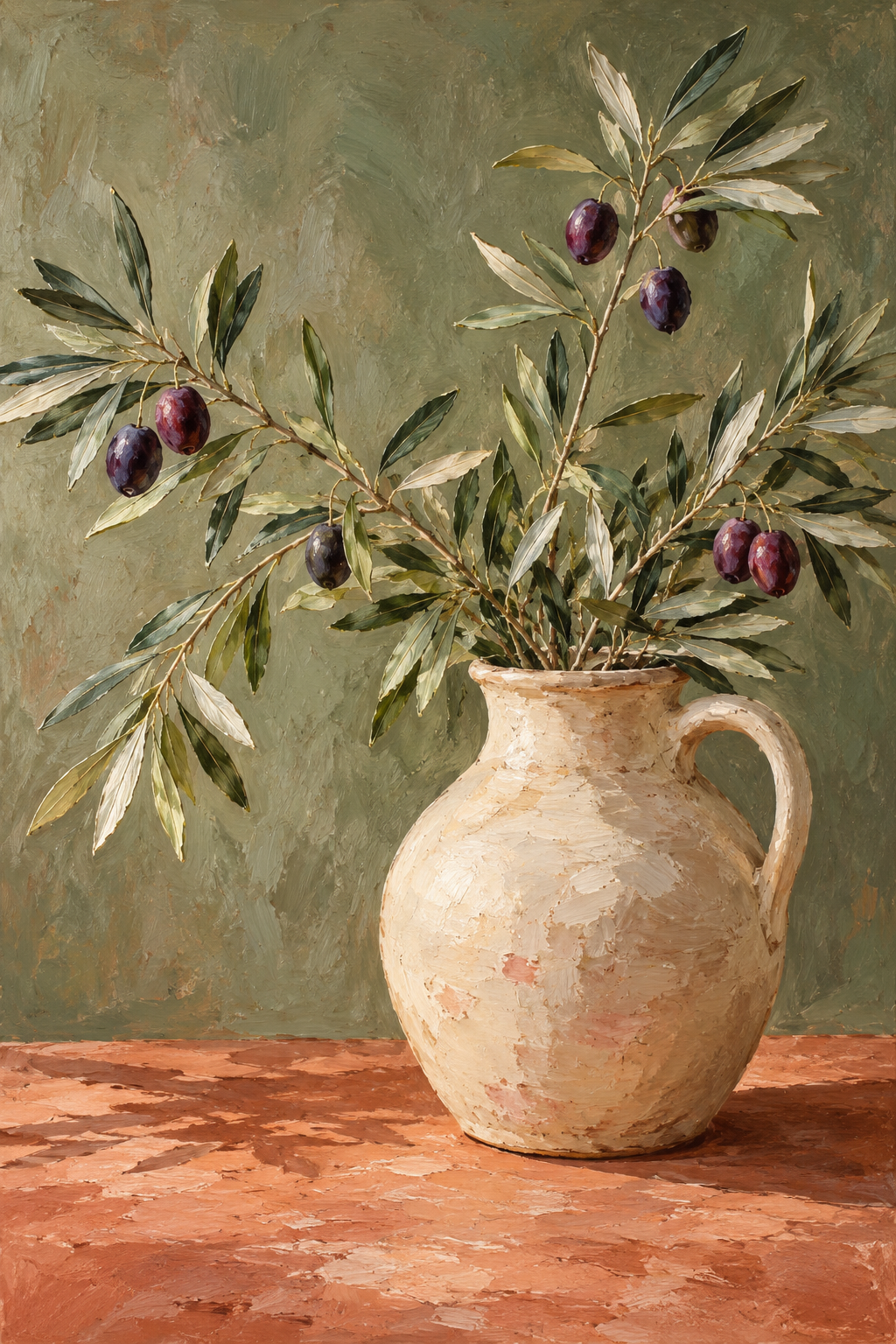 Olive Study: olive branches in an ivory jug