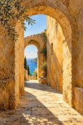 Sunlit amber stone arches framing a blue Mediterranean-inspired sea view