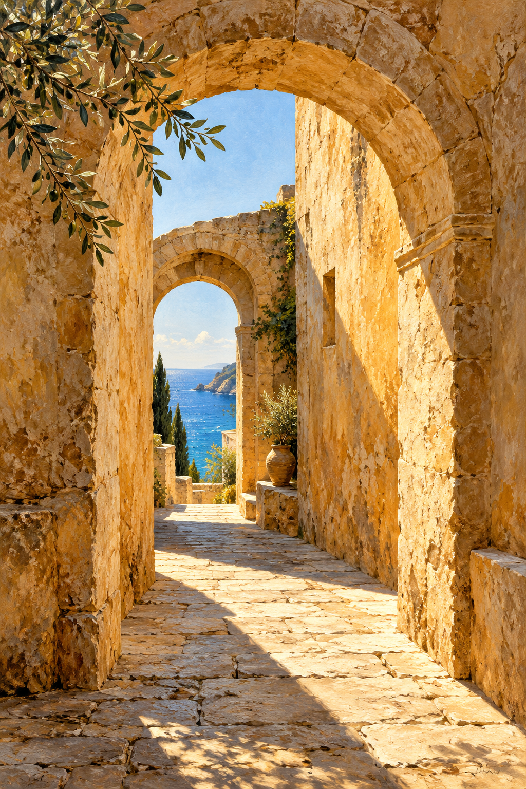 Sunlit amber stone arches framing a blue Mediterranean-inspired sea view