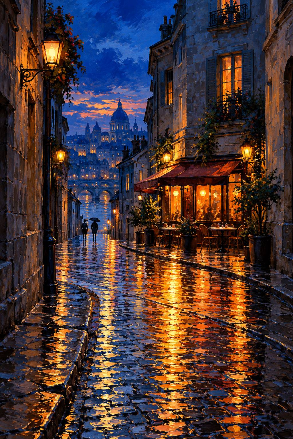 Painterly blue twilight city street with amber cafe lights reflected on wet cobblestones