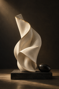 Ivory folded sculpture with a fine gold edge on dark stone, depicted in digital artwork
