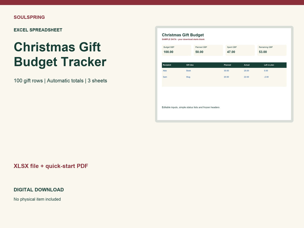 Christmas Gift Budget Tracker — contents preview