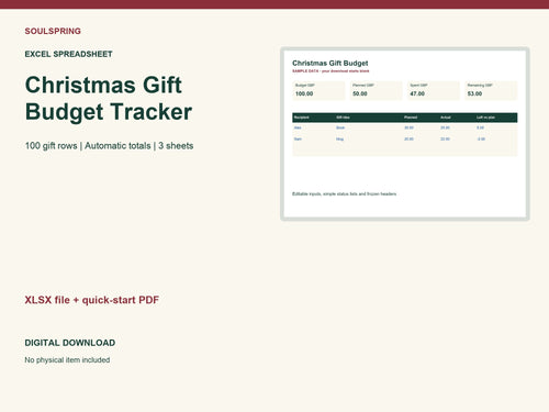 Christmas Gift Budget Tracker — contents preview