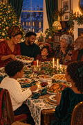 African-diaspora family Christmas gathering with music