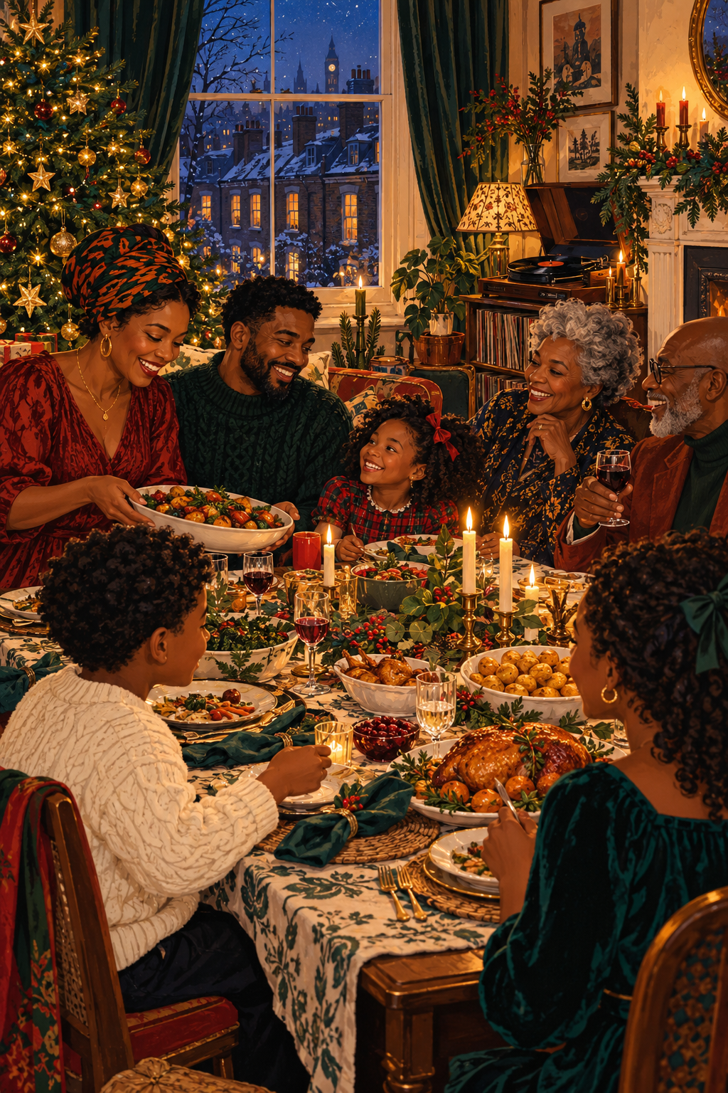 African-diaspora family Christmas gathering with music