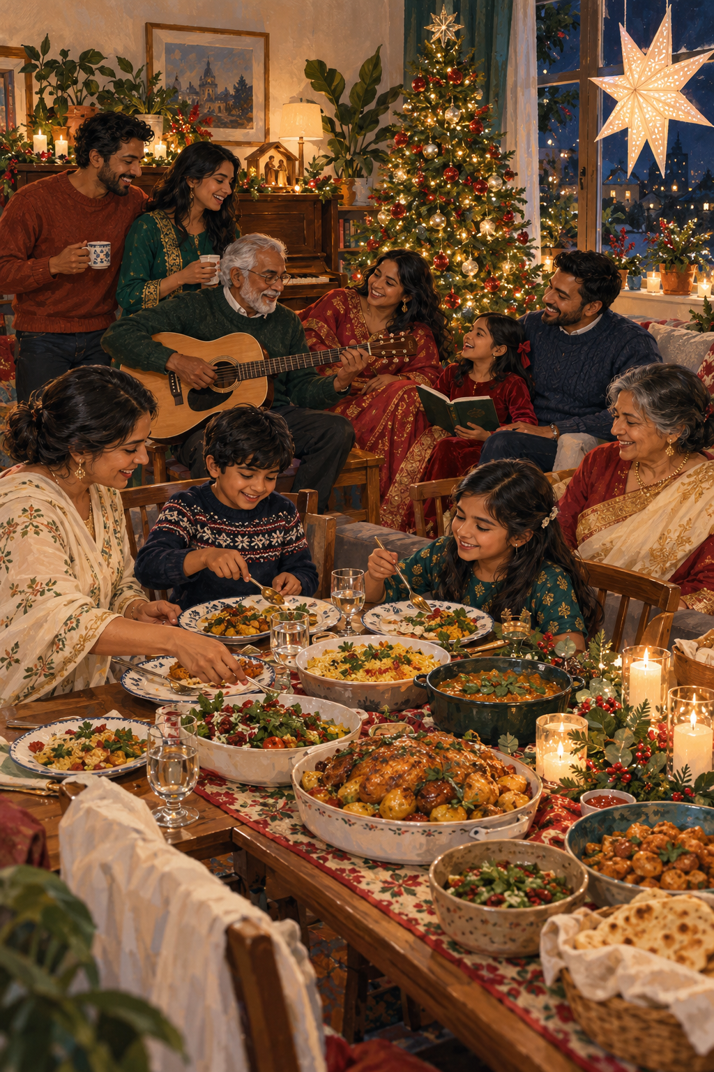 Home for the Holidays — South Asian Christian family celebration artwork
