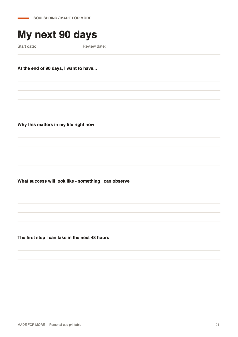 Preview of My next 90 days, a separate printable PDF page included with the notebook; not a physical notebook page