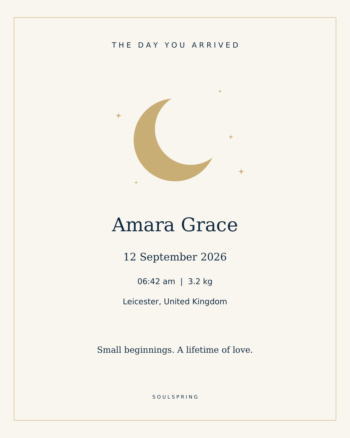 Baby personalised print with fictional sample wording