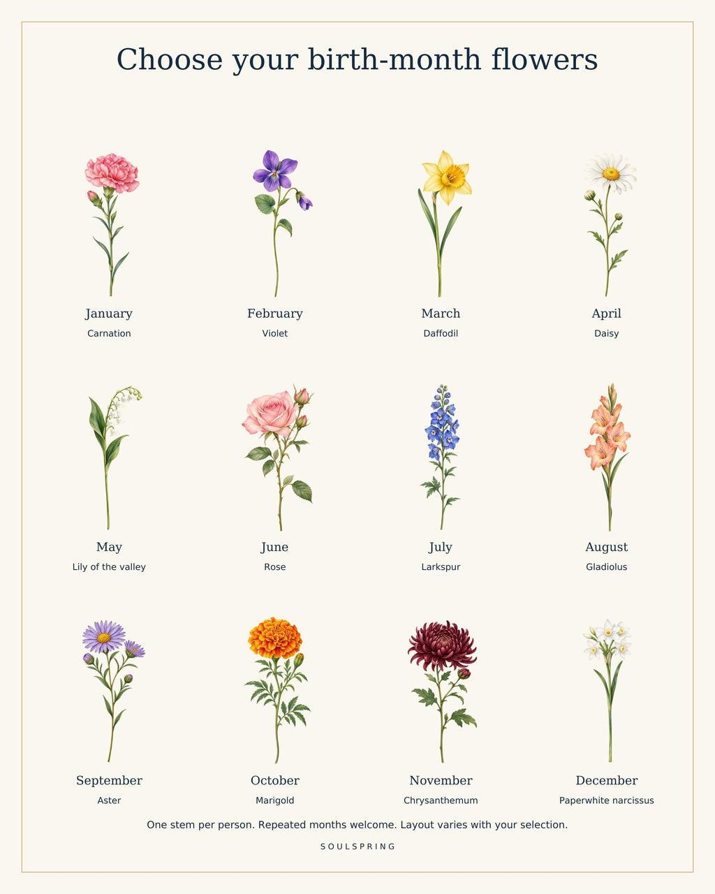 Twelve birth-month flower choices for the personalised bouquet