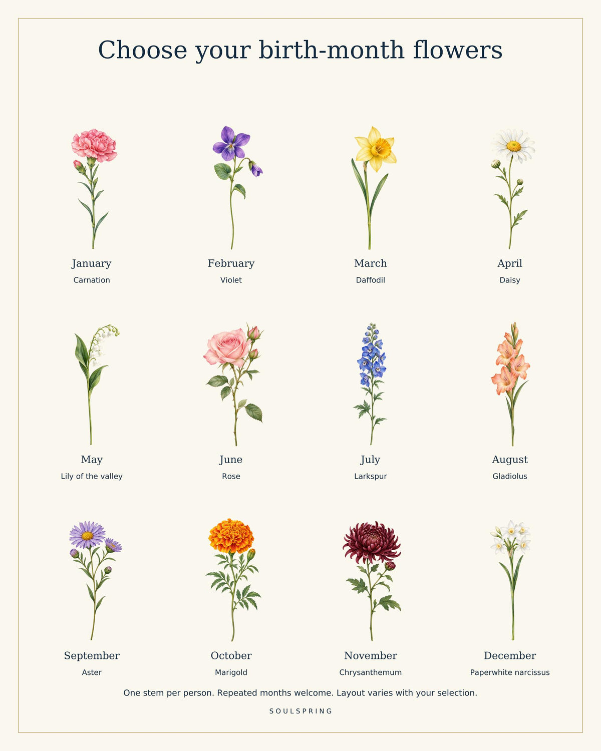Twelve birth-month flower choices for the personalised bouquet
