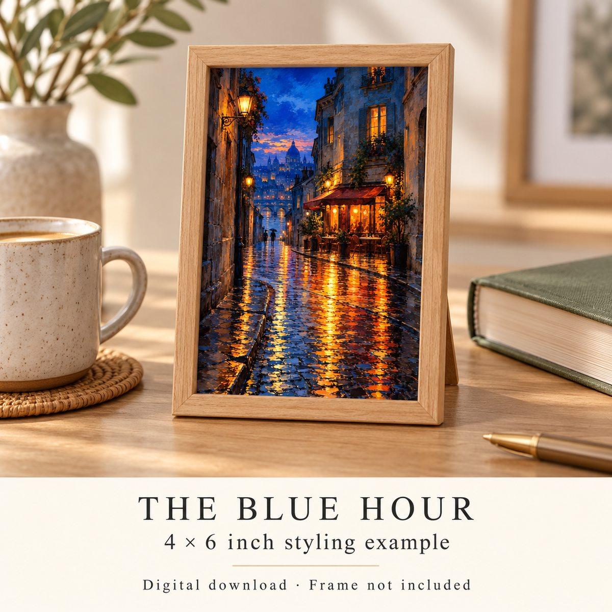 Illustrative styling mockup of The Blue Hour as a small 4 by 6 inch tabletop print; digital download only, frame and props not included