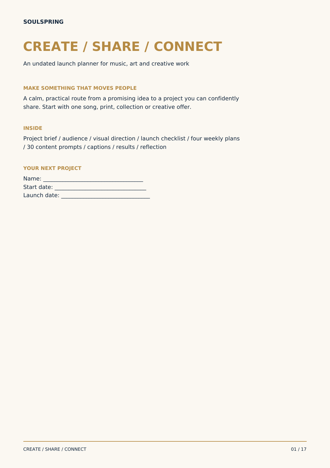 Actual workbook cover: Soulspring Create / Share / Connect