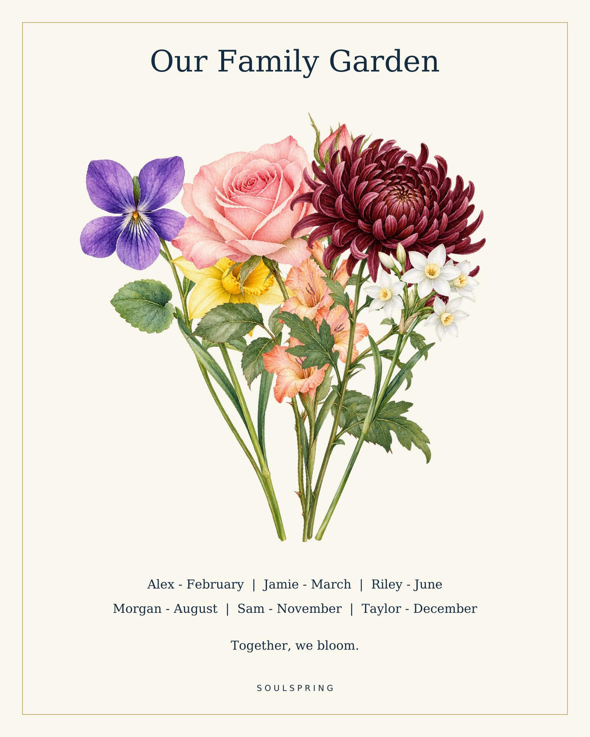 Personalised birth flower bouquet, fictional sample names