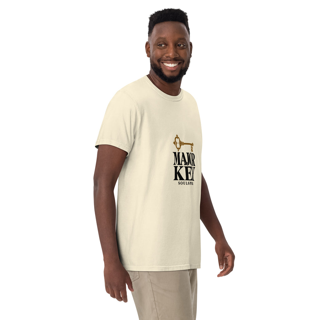 Model mockup showing the relaxed fit of the ivory Soulspring Major Key tee