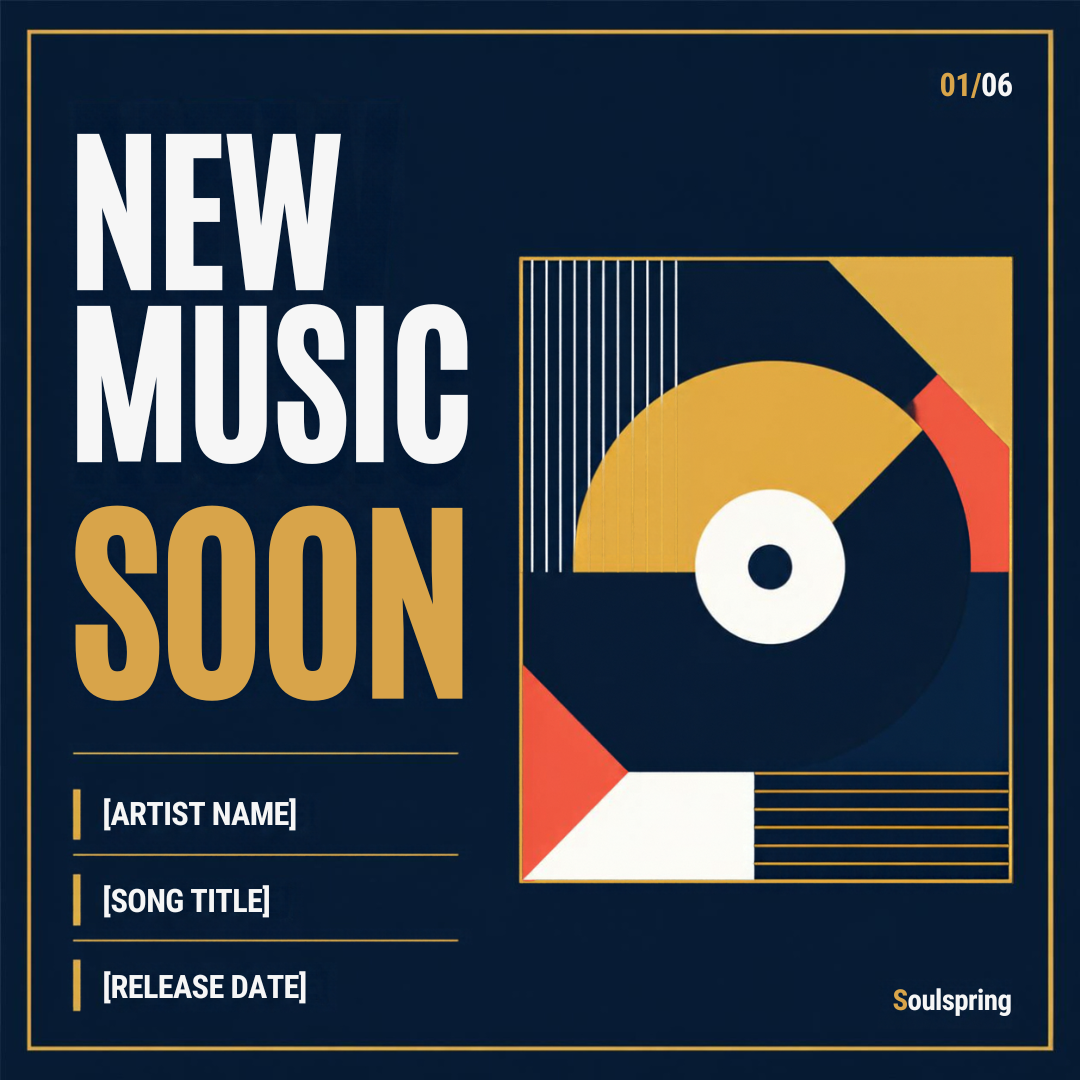 Actual editable Canva layout 1 of 6: New music teaser; placeholder text shown
