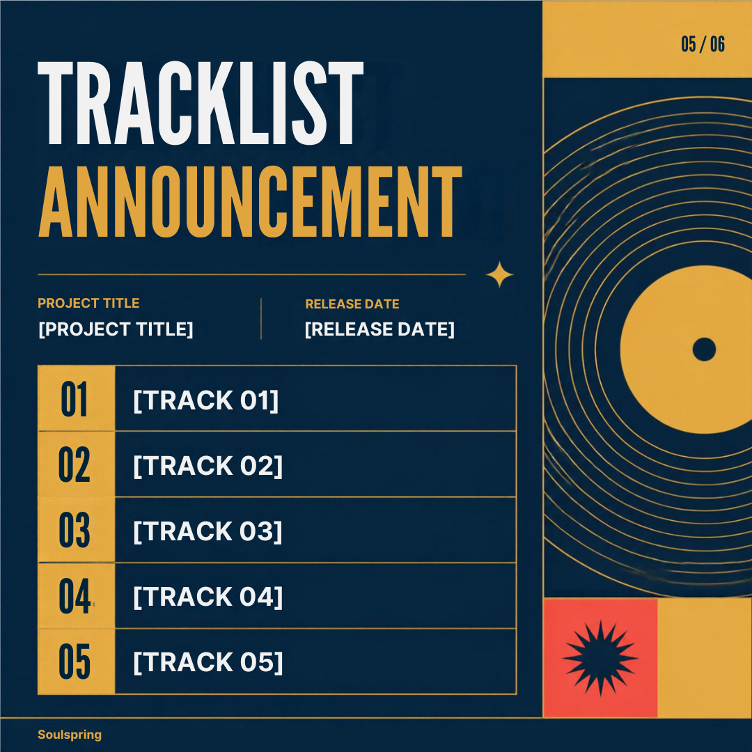 Actual editable Canva layout 5 of 6: Tracklist announcement; placeholder text shown