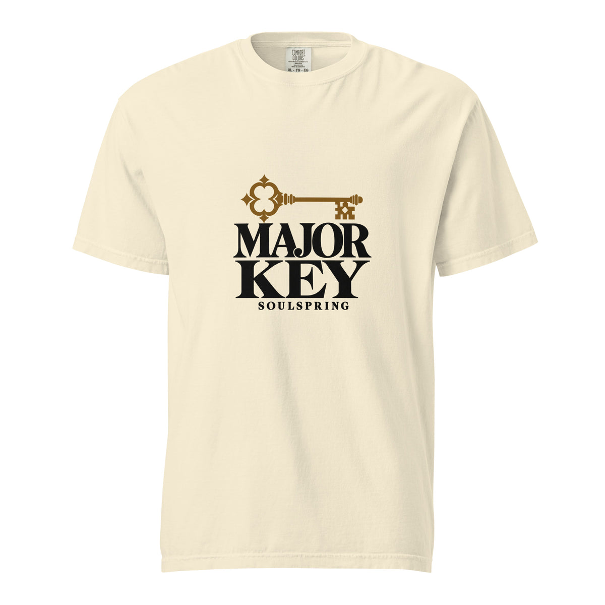 Soulspring Major Key heavyweight T-shirt in ivory with black lettering and an ochre key emblem