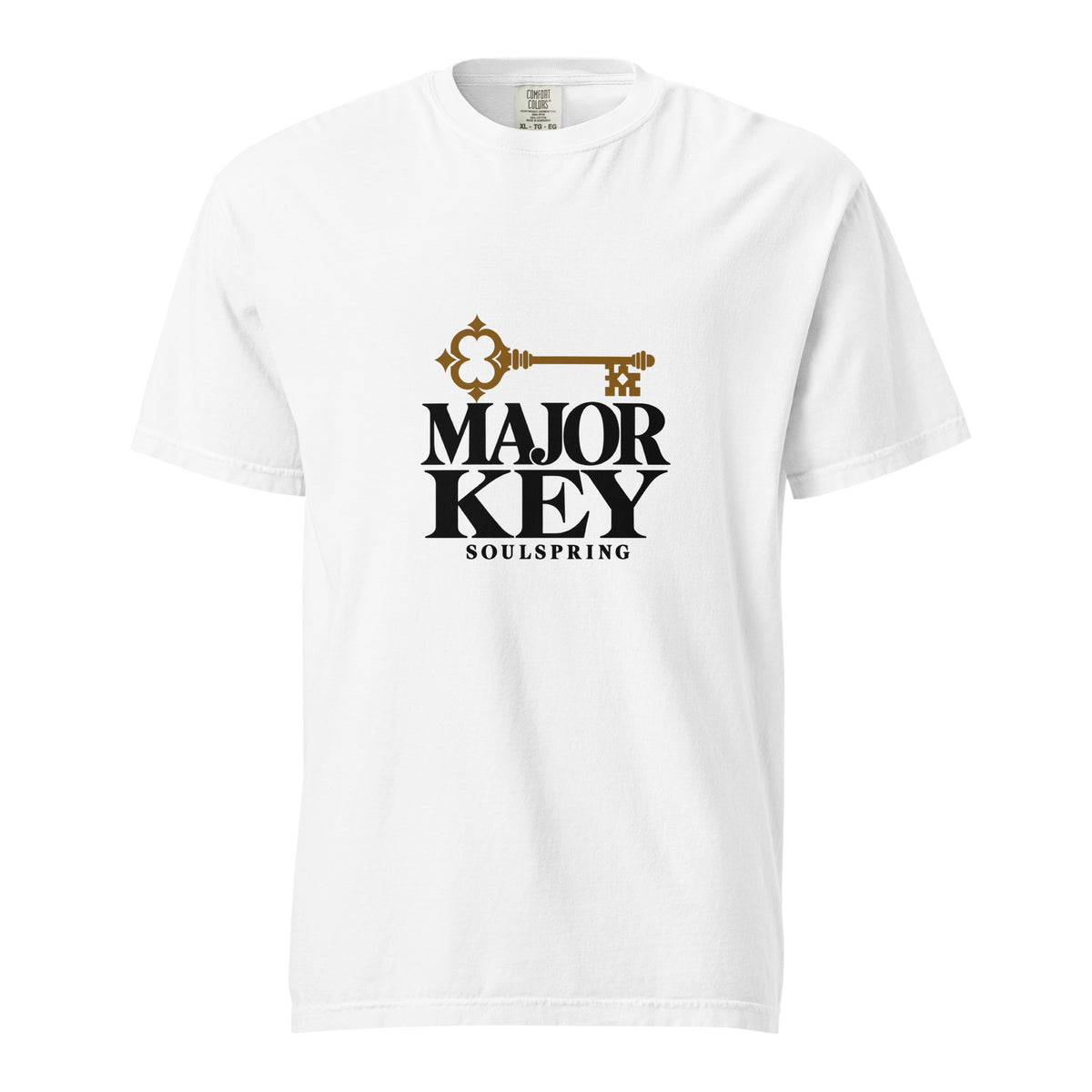 Soulspring Major Key heavyweight T-shirt in white with black lettering and an ochre key emblem